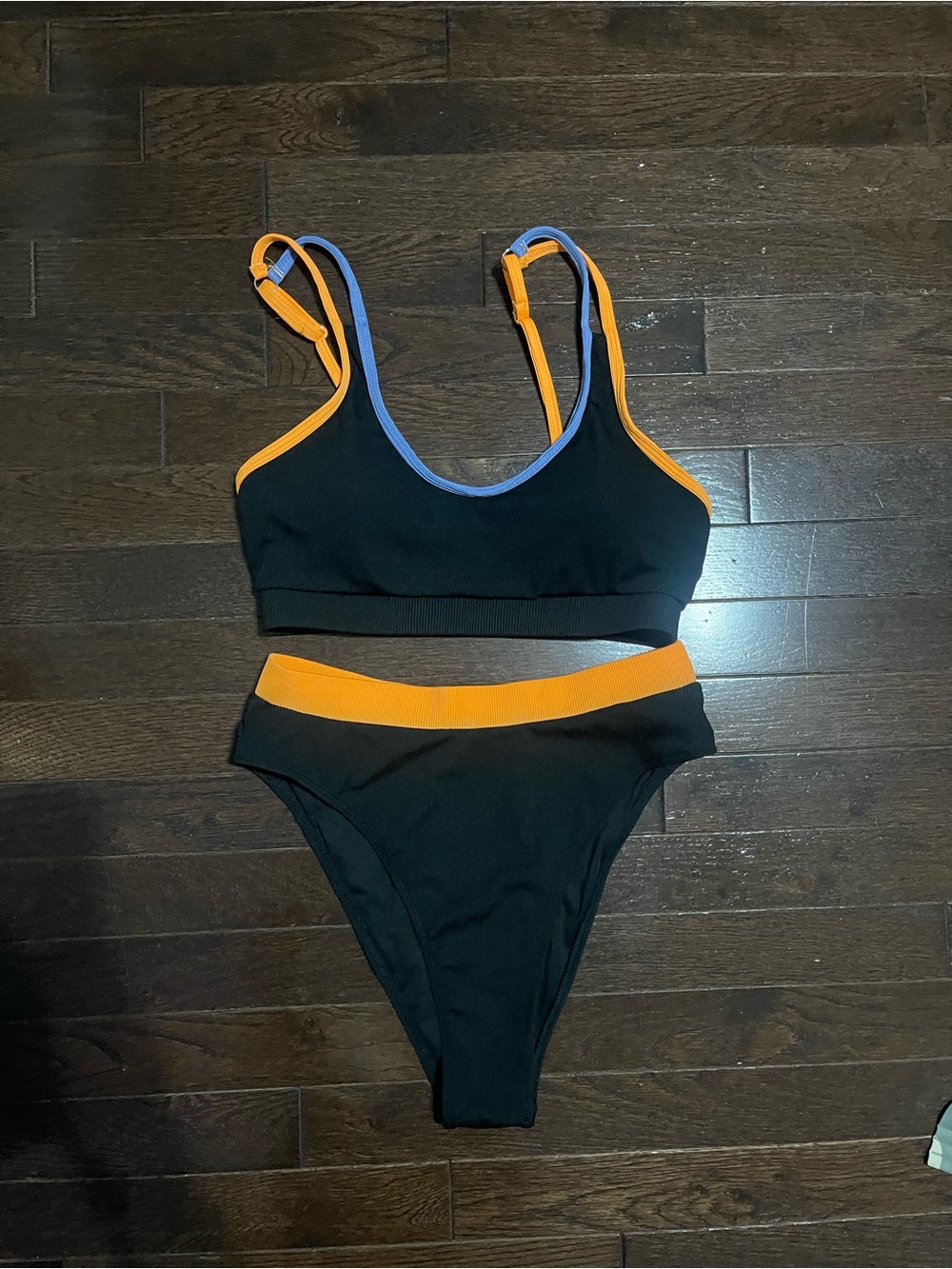 Black Bikini Set with Orange Trim and Blue Accents